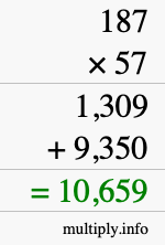 How to calculate 187 times 57 using long multiplication