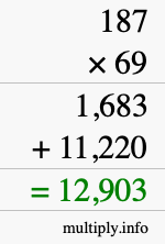 How to calculate 187 times 69 using long multiplication