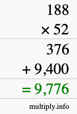 How to calculate 188 times 52 using long multiplication