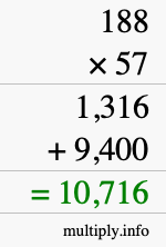 How to calculate 188 times 57 using long multiplication
