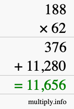 How to calculate 188 times 62 using long multiplication