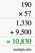 How to calculate 190 times 57 using long multiplication