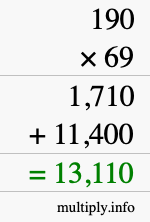 How to calculate 190 times 69 using long multiplication