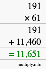 How to calculate 191 times 61 using long multiplication