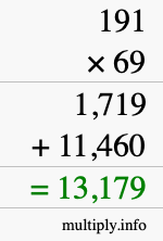 How to calculate 191 times 69 using long multiplication