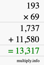 How to calculate 193 times 69 using long multiplication
