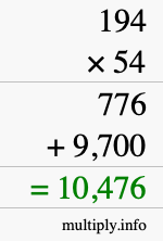 How to calculate 194 times 54 using long multiplication
