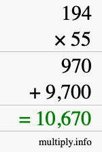 How to calculate 194 times 55 using long multiplication How to calculate 194 times 55 using long multiplication