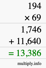 How to calculate 194 times 69 using long multiplication