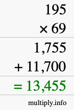 How to calculate 195 times 69 using long multiplication