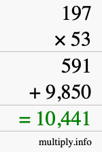 How to calculate 197 times 53 using long multiplication