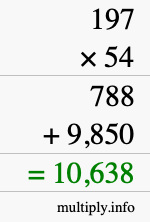 How to calculate 197 times 54 using long multiplication