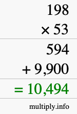 How to calculate 198 times 53 using long multiplication