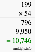 How to calculate 199 times 54 using long multiplication