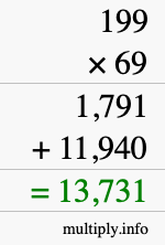 How to calculate 199 times 69 using long multiplication
