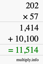 How to calculate 202 times 57 using long multiplication