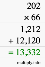 How to calculate 202 times 66 using long multiplication