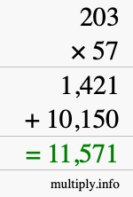 How to calculate 203 times 57 using long multiplication