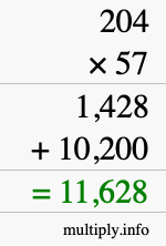 How to calculate 204 times 57 using long multiplication