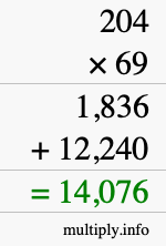 How to calculate 204 times 69 using long multiplication
