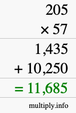 How to calculate 205 times 57 using long multiplication