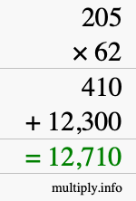 How to calculate 205 times 62 using long multiplication How to calculate 205 times 62 using long multiplication