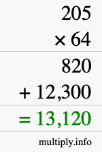 How to calculate 205 times 64 using long multiplication How to calculate 205 times 64 using long multiplication