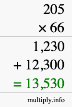 How to calculate 205 times 66 using long multiplication