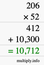 How to calculate 206 times 52 using long multiplication
