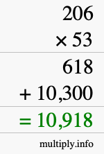 How to calculate 206 times 53 using long multiplication