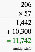 How to calculate 206 times 57 using long multiplication