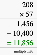 How to calculate 208 times 57 using long multiplication