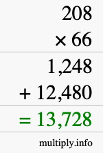 How to calculate 208 times 66 using long multiplication