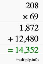 How to calculate 208 times 69 using long multiplication