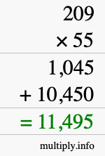 How to calculate 209 times 55 using long multiplication How to calculate 209 times 55 using long multiplication