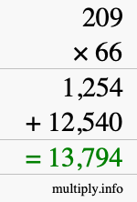 How to calculate 209 times 66 using long multiplication