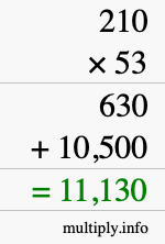How to calculate 210 times 53 using long multiplication