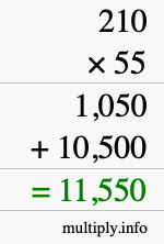 How to calculate 210 times 55 using long multiplication How to calculate 210 times 55 using long multiplication