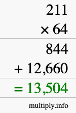 How to calculate 211 times 64 using long multiplication