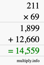 How to calculate 211 times 69 using long multiplication