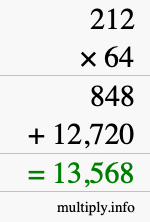 How to calculate 212 times 64 using long multiplication
