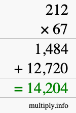 How to calculate 212 times 67 using long multiplication