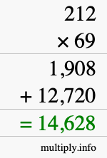 How to calculate 212 times 69 using long multiplication