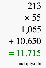 How to calculate 213 times 55 using long multiplication How to calculate 213 times 55 using long multiplication
