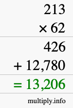 How to calculate 213 times 62 using long multiplication