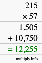 How to calculate 215 times 57 using long multiplication