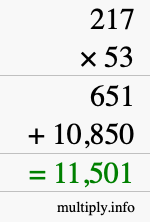 How to calculate 217 times 53 using long multiplication
