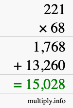 How to calculate 221 times 68 using long multiplication