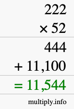 How to calculate 222 times 52 using long multiplication