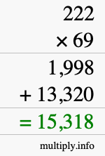 How to calculate 222 times 69 using long multiplication